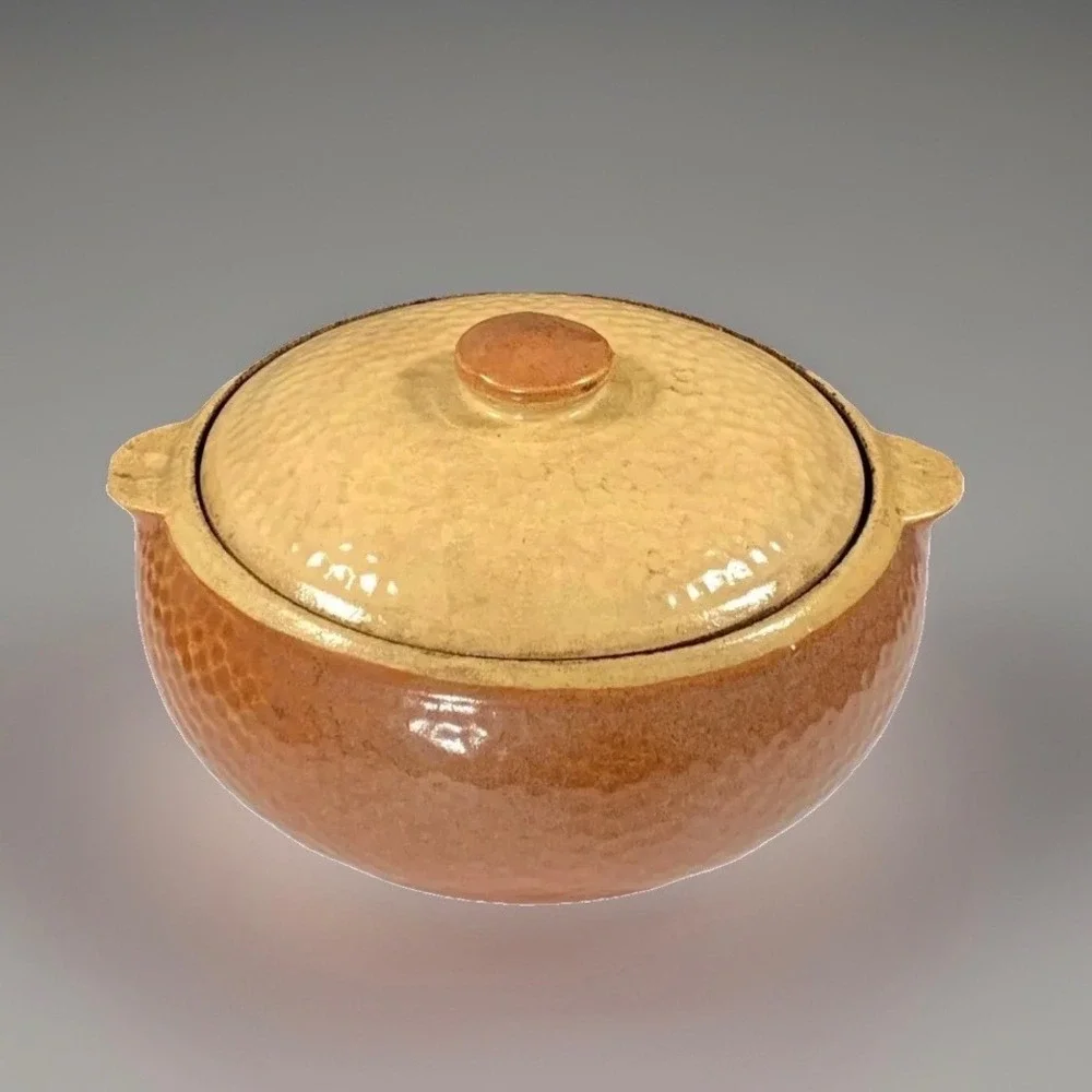 Kla-Ham'rd Stoneware Casserole Dish Lid Brown Tan Ceramic Pot USA Rustic 1940